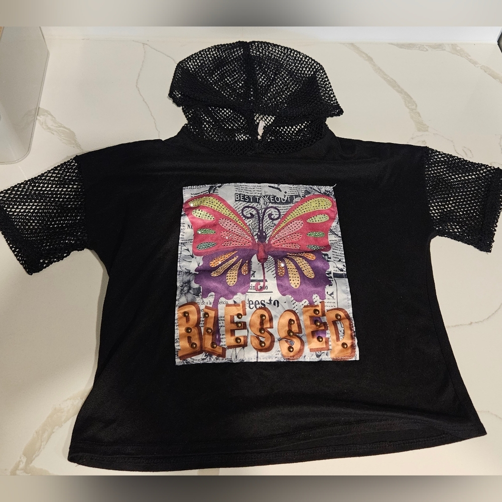 5/$20 Black Mesh Kids Shirt with Butterfly Design